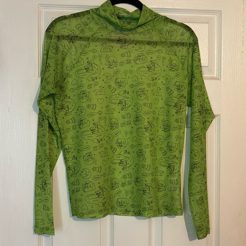 Tuesday of California L mesh mockneck turtleneck top doodle sketch shirt Large